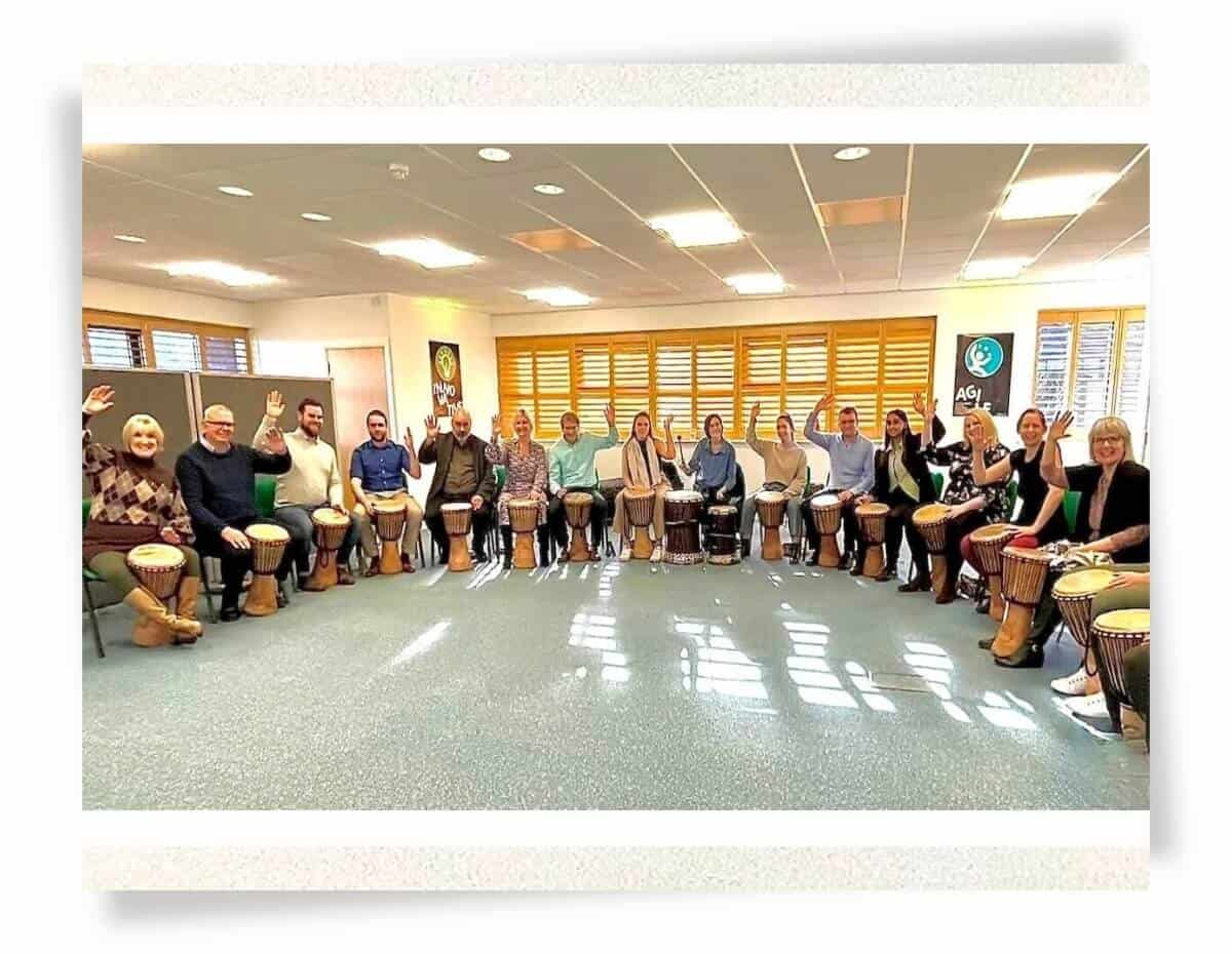 A corporate team drumming event with Primal Sound — energising, uplifting, and uniting colleagues through rhythm.