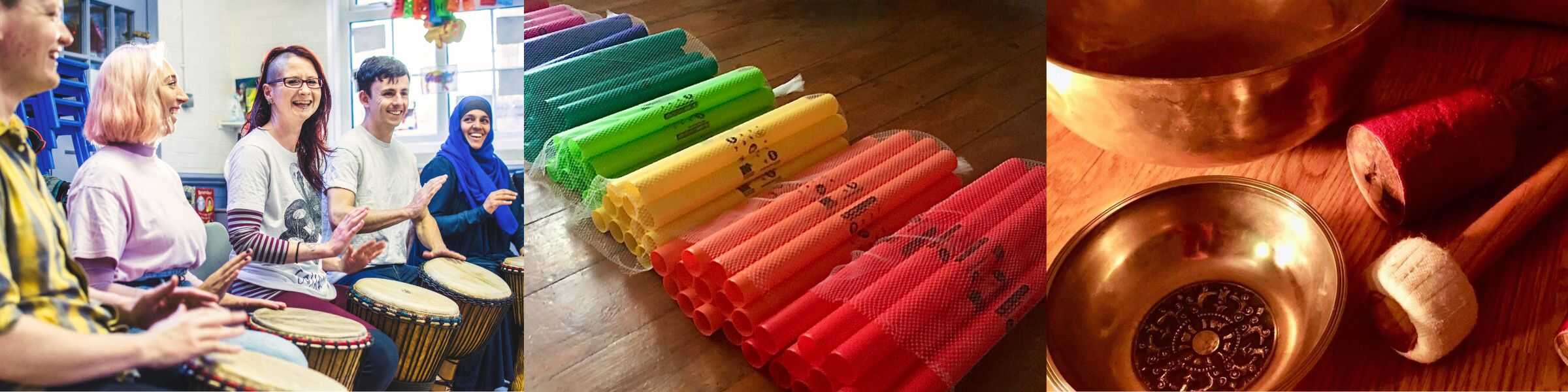 Community drumming, colourful Boomwhackers and warm singing bowls — Primal Sound wellbeing activities.